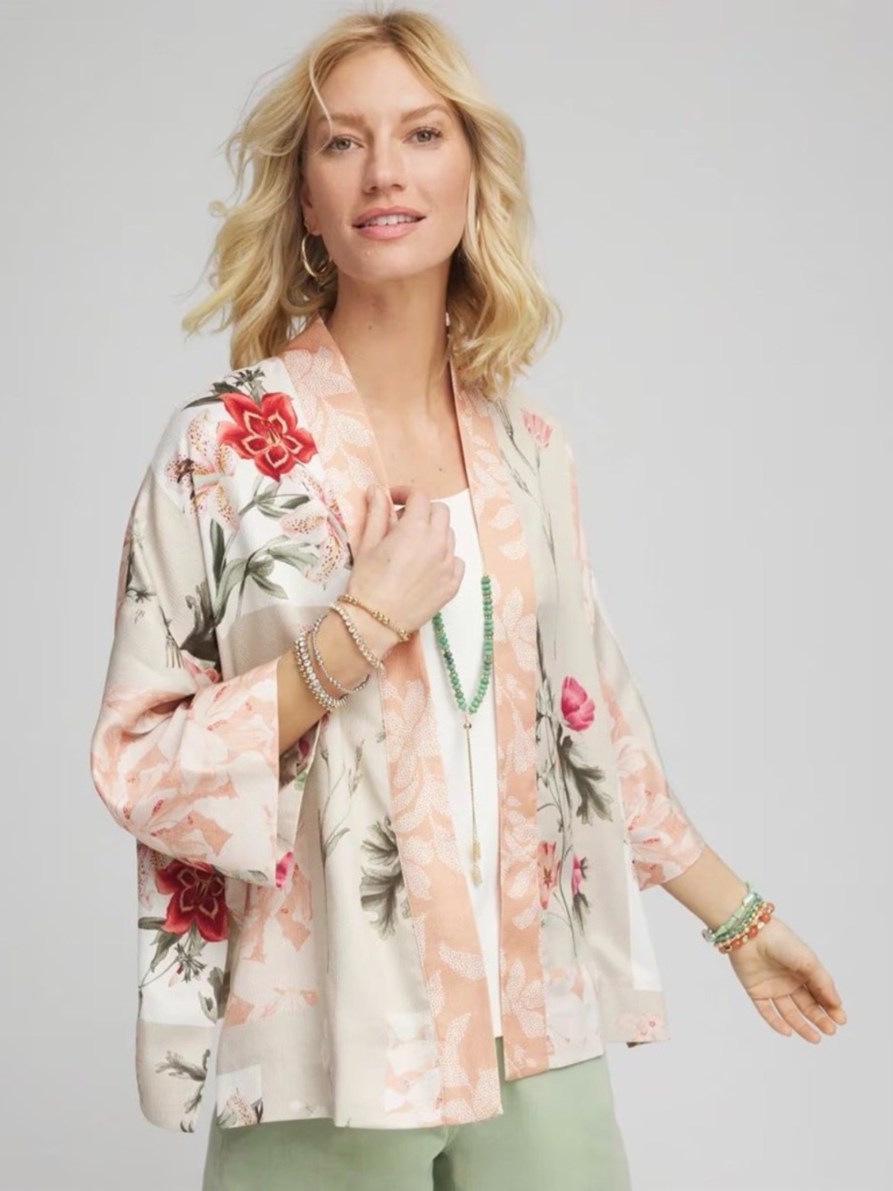 Chicos Floral Short Chiffon Kimono NWT $129 L/XL Spring Summer Jacket